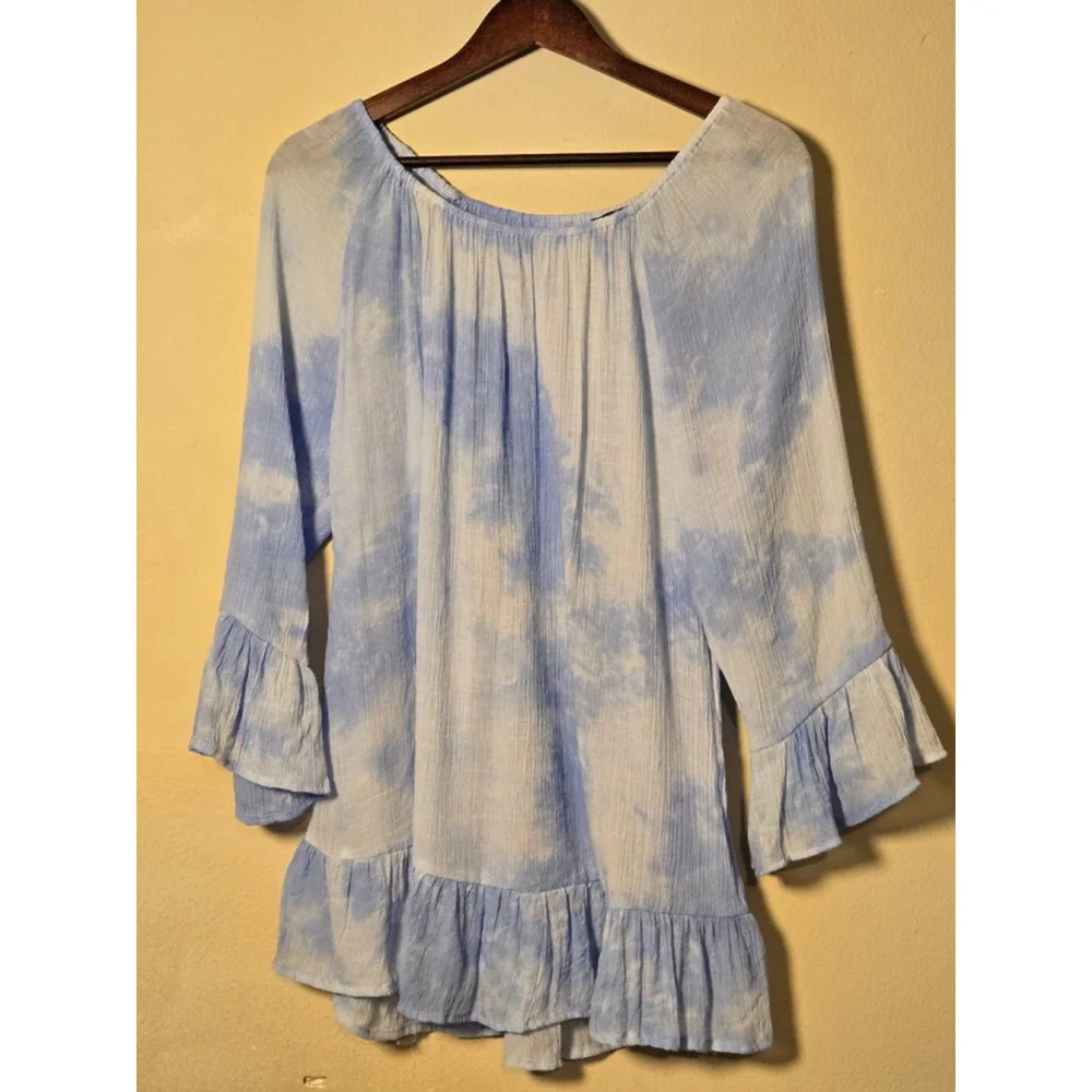 Women's HANNAH Blue White Tie-Dye Boho Tunic Top 1X - Picture 3 of 4